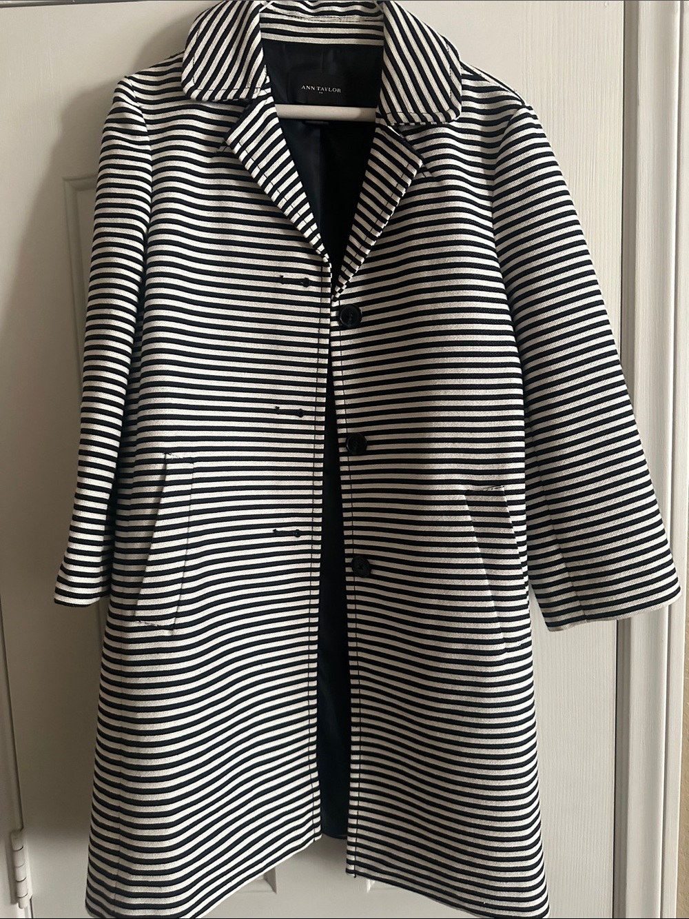 Ann Taylor Black and White Striped Pea Coat